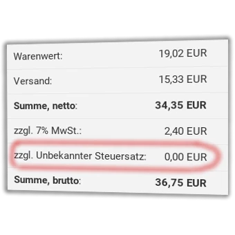 Screenshot Gambio-Warenkorb, "zzgl. Unbekannter Steuersatz: 0,00 EUR" rot markiert