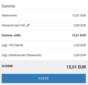 Warenwert: 12,61 EUR Versand nach DE: 0,00 EUR Summe, netto: 12,61 EUR zzgl. 19% MwSt.: 2,40 EUR zzgl. Unbekannter Steuersatz: 0,00 EUR