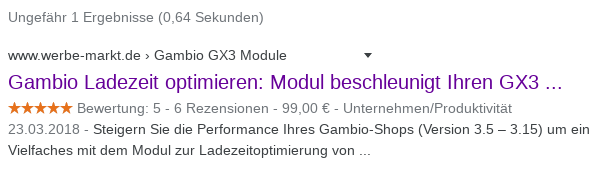 Snippet von Googles SERP mit Bewertungssternchen