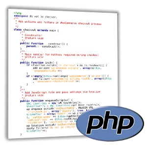 PHP-Logo vor einer Script-Datei in einem Editor mit Syntax-Highlighting