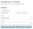 Bestellung #15 Detailangaben, darunter der Shopauskunft-Bewertungslink