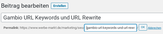 Beitrag bearbeiten: URL Keywords und URL Rewrite in Gambio, Eingabefeld: url-keywords-und-url-rewrite-in-gambio