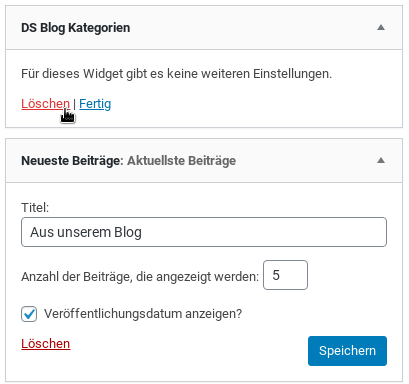 DS Blog Kategorien löschen, Titel: Aus unserem Blog Anzahl der Beiträge, die angezeigt werden: 5 Veröffentlichungsdatum anzeigen?