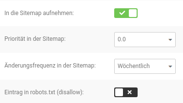 In die Sitemap aufnehmen: ja, Priorität in der Sitemap: 0.0, Änderungsfrequenz in der Sitemap: wöchentlich, Eintrag in robots.txt (disallow): nein