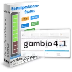 Bestellpositionen-Status Softwarebox, im Vordergrund: Screenshot Bestellung im Gambio-Admin und Schriftzug gambio 4.1