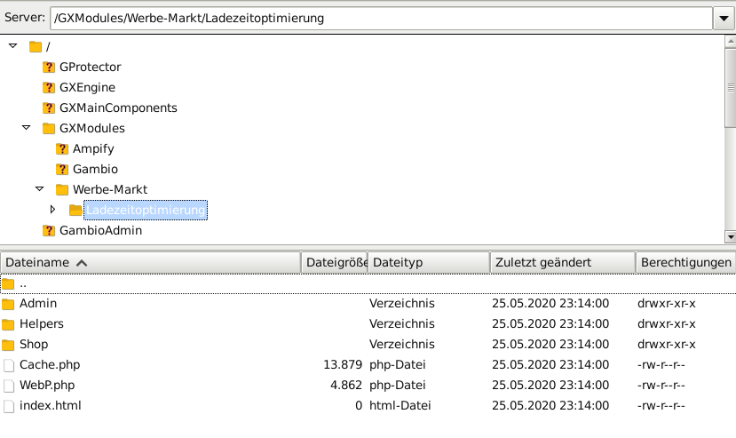 Verzeichnis /GXModules/Werbe-Markt/Ladezeitoptimierung in FileZilla