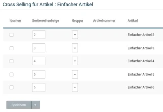Cross Selling für Artikel : Einfacher Artikel - Tabelle mit Eingabefeldern in der Spalte "Sortierreihenfolge"