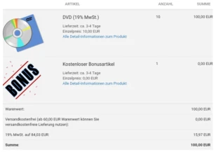 Screenshot Gambio-Kasse, Kostenloser Bonusartikel wird mit Bild dargestellt