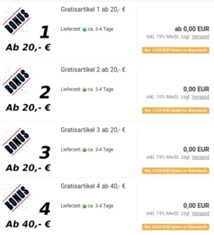 Auflistung Gratisartikel mit Hinweis: Nur 10,00 EUR fehlen im Warenkorb