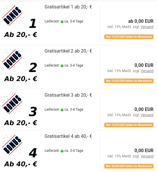 Auflistung Gratisartikel mit Hinweis: Nur 10,00 EUR fehlen im Warenkorb