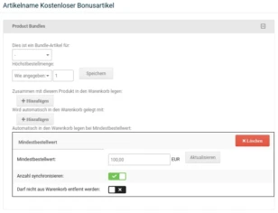 Artikelname Kostenloser Bonusartikel, Automatisch in den Warenkorb legen bei Mindestbestellwert: 100,00 EUR