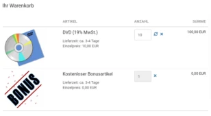 Ihr Warenkorb: DVD (19% MwSt.) 10× 100,00 EUR, Kostenloser Bonusartikel 1× 0,00 EUR