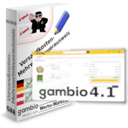 Versandkosten-Mehrwertsteuerausweis Softwarebox, rechts ein Screenshot eines Warenkorbs mit dem Schriftzug gambio 4.1 im Vordergrund