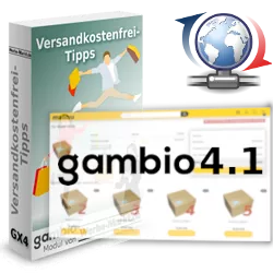 Versandkostenfrei-Tipps Softwarebox, Aktualisierungs-Symbol und Screenshot eines Gambio-Warenkorbs mit Schriftzug gambio 4.1 im Vordergrund