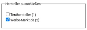Hersteller ausschließen: Testhersteller und Werbe-Markt.de jeweils mit vorangestelltem Kontrollkästchen, bei letztgenannter Option aktiviert