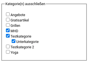 Kategorie(n) ausschließen: Auflistung mehrerer Kategorien mit aktivierten Kontrollkästchen vor MHD, Testkategorie und Unterkategorie
