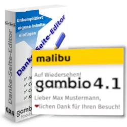 Malibu-Logo und gambio 4.1 Schriftzug vor der Danke-Seite-Editor Softwarebox