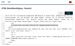 HTML (Bestellbestätigung - Deutsch) mit HTML-Code im Texteingabefeld