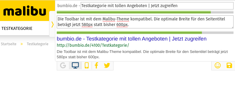Screenshot der Toolbar mit Malibu-Logo, Seitentitel "Testkategorie mit tollen Angeboten | Jetzt zugreifen" und Meta-Description "Die Toolbar ist mit dem Malibu-Theme kompatibel. Die optimale Breite für den Seitentitel beträgt jetzt 580px statt bisher 600px."