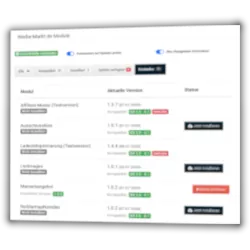 Werbe-Markt.de Module Schnittstelle verbunden Automatisch auf Updates prüfen Über Neuigkeiten informieren Tabelle mit den Spalten Modul, Aktuelle Version, Status