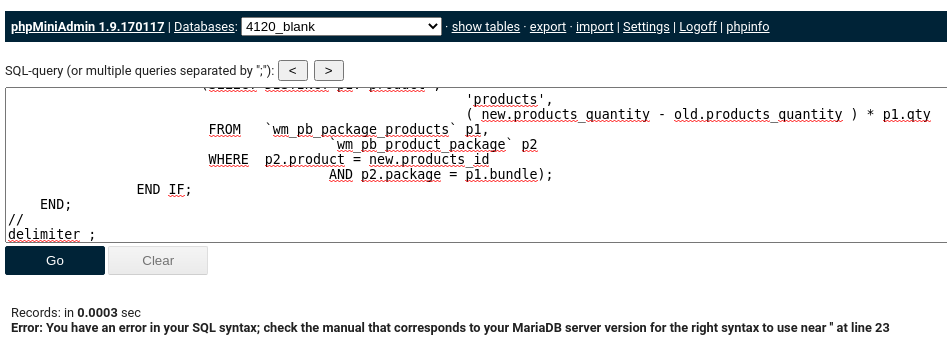 SQL-Befehl und Fehlermeldung Error: You have an error in your SQL syntax; check the manual that corresponds to your MariaDB server version for the right syntax to use near '' at line 23