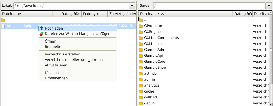 Screenshot FileZilla: wm_install.php im lokalen /tmp/Downloads/-Verzeichnis, Mauszeiger auf Option "Hochladen"