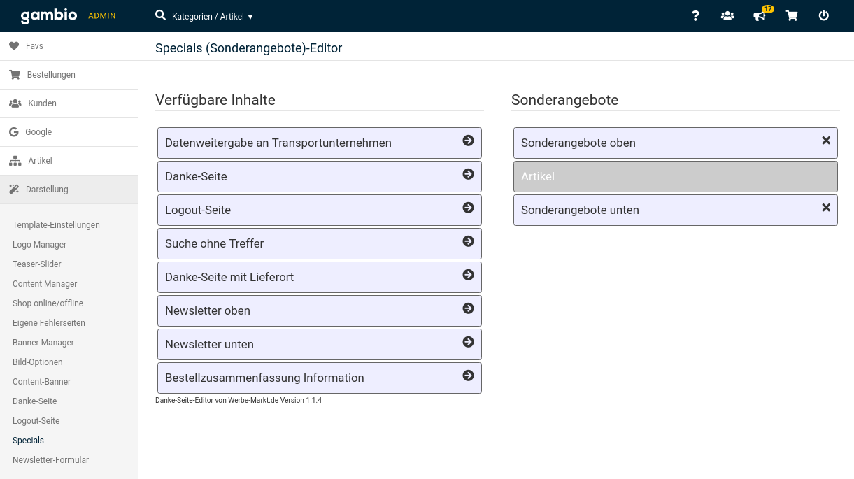 Specials (Sonderangebote)-Editor Verfügbare Inhalte Datenweitergabe an Transportunternehmen Danke-Seite Logout-Seite Suche ohne Treffer Danke-Seite mit Lieferort Newsletter oben Newsletter unten Bestellzusammenfassung Information Sonderangebote Sonderangebote oben Artikel Sonderangebote unten