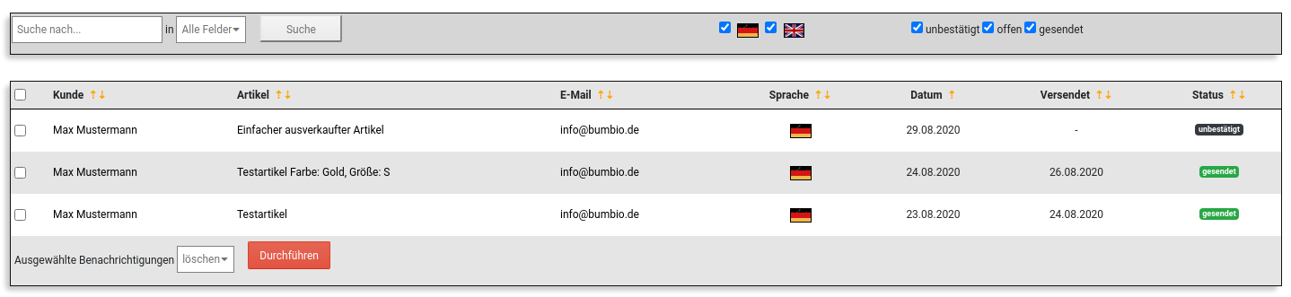 Tabelle mit Name, Artikel, E-Mail & weiteren Daten zu 3 Benachrichtigungen