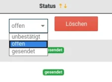 Überschrift Status, Auswahlfeld mit Optionen unbestätigt, offen, gesendet und Löschen-Button