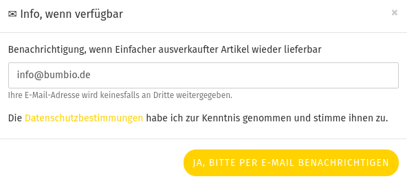 Modal mit Text: Die Datenschutzbestimmungen habe ich zur Kenntnis genommen und stimme ihnen zu.