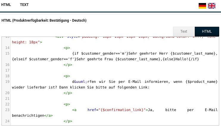 Editor zur Angabe des E-Mail-Texts für die HTML (Produktverfügbarkeit: Bestätigung - Deutsch)