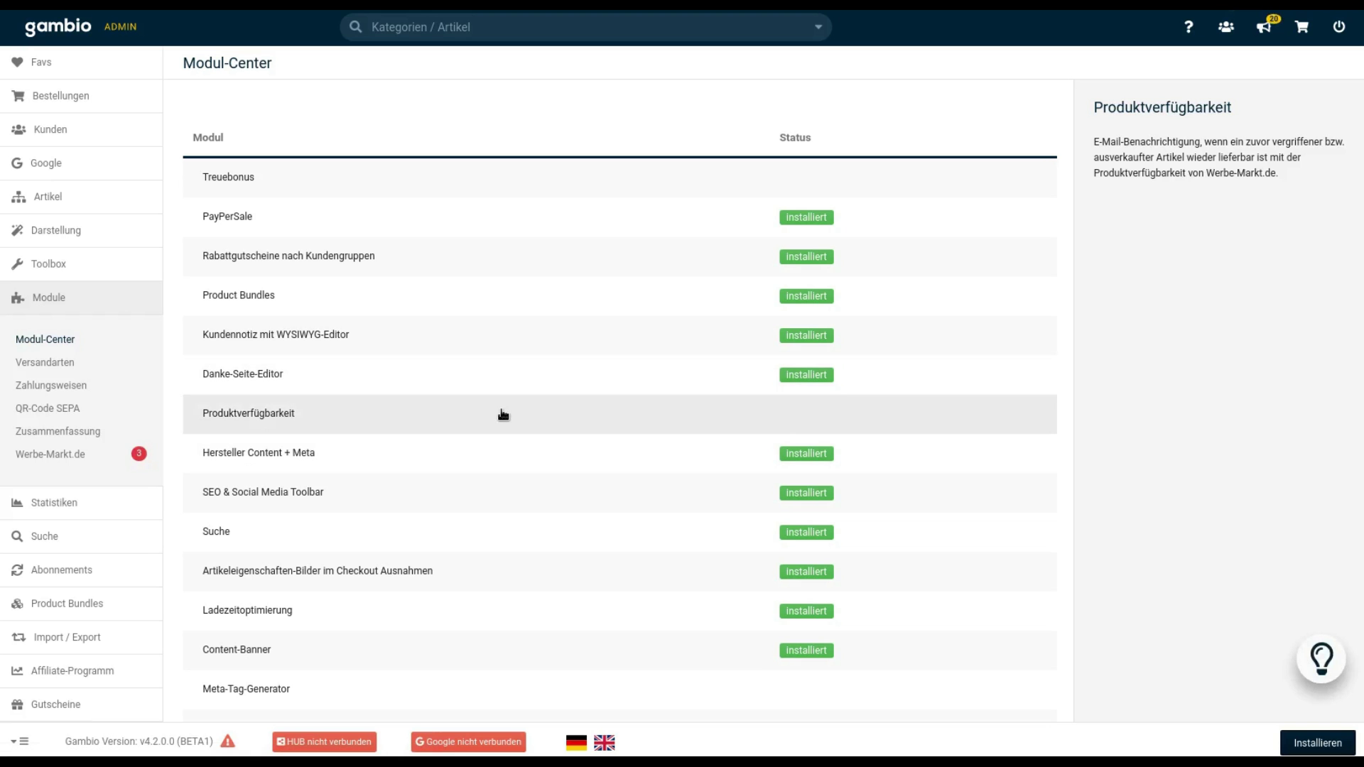 Screenshot Gambio Modul-Center mit Eintrag Produktverfügbarkeit und Installieren-Button