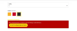 Variantenauswahl mit Hinweis „Diese Kombination ist leider in dieser Menge nicht lieferbar“ und Button „Bitte benachrichtigen“