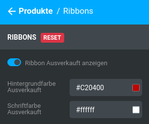 Produkte > Ribbons > Ribbon Ausverkauft anzeigen Hintergrundfarbe Ausverkauft #C20400 Schriftfarbe Ausverkauft #ffffff