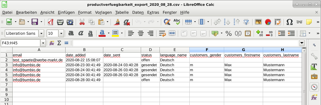 Screenshot LibreOffice Calc mit email date_added date_sent status language_name customers_gender customers_firstname customers_lastname