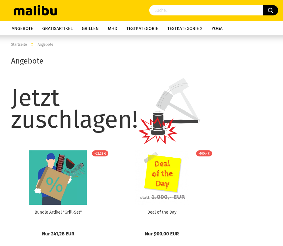 malibu Sonderangebote mit Schriftzug Jetzt zuschlagen! und einer Hammer-Illustration