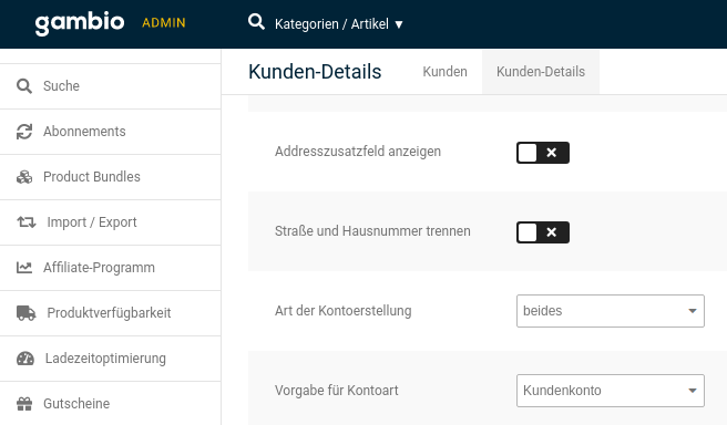 Kunden-Details, Straße und Hausnummer trennen: deaktiviertes Kontrollkästchen