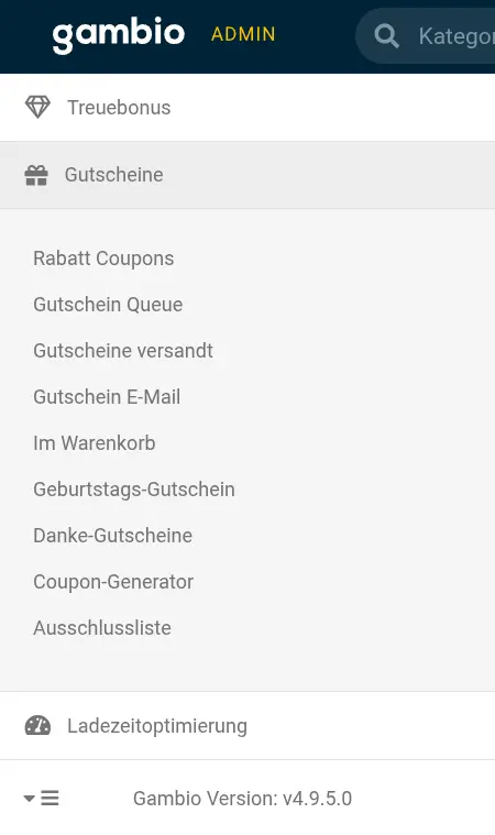 Menübox Gutscheine mit Auflistung der Unterpunkte Rabatt Coupons Gutschein Queue Gutscheine versandt Gutschein E-Mail Gutschein-Konfiguration Danke-Gutscheine Im Warenkorb Ausschlussliste