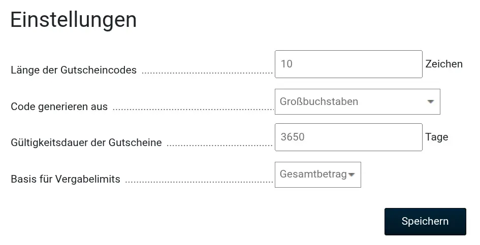 Länge der Gutscheincodes: 10 Zeichen Code generieren aus: Großbuchstaben Gültigkeitsdauer der Gutscheine: 3650 Tage Basis für Vergabelimits: Warenwert