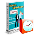 Softwarebox der Gambio-Danke-Gutescheine mit Wecker im Vordergrund