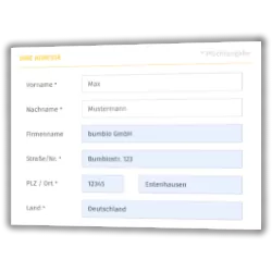 Ihre Adresse: Vorname Max Nachname Mustermann Firmenname bumbio GmbH Straße/Nr. Bumbiostr. 123 PLZ / Ort 12345 Entenhausen Land Deutschland