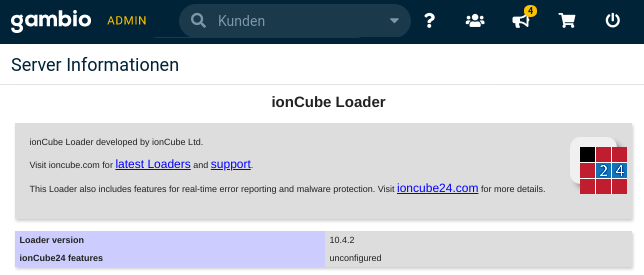 Gambio Admin: Server Informationen: ionCube Loader