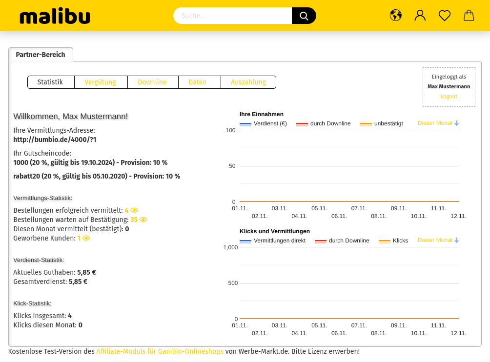 Screenshot Partnerbereich mit Hinweis am unteren Rand: Kostenlose Test-Version des Affiliate-Moduls für Gambio-Onlineshops von Werbe-Markt.de. Bitte Lizenz erwerben!