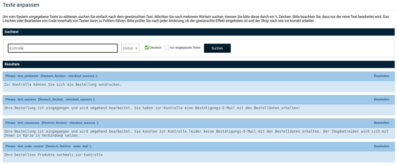 Texte anpassen: Suchtext "Kontrolle"
