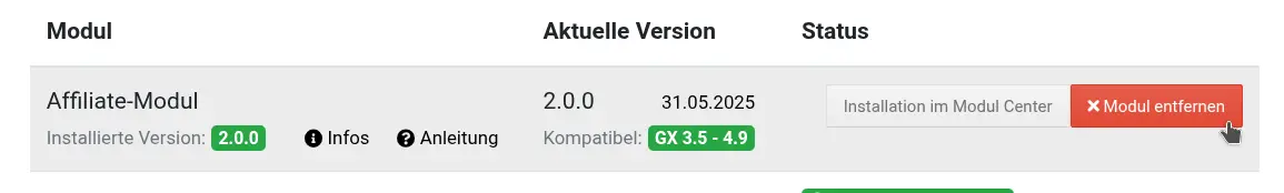 Affiliate-Modul Mauszeiger auf Modul entfernen Button