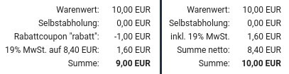 Vergleichsansicht zweier Bestellungen: links mit Rabatt, rechts ohne