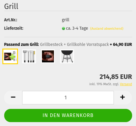 Grill + Passend zum Grill:Grillbesteck + Grillkohle Vorratspack+ 64,90 EUR = 214,85 EUR