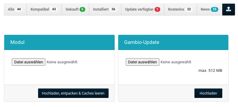 Upload-Formulare für "Modul" und "Gambio-Update"