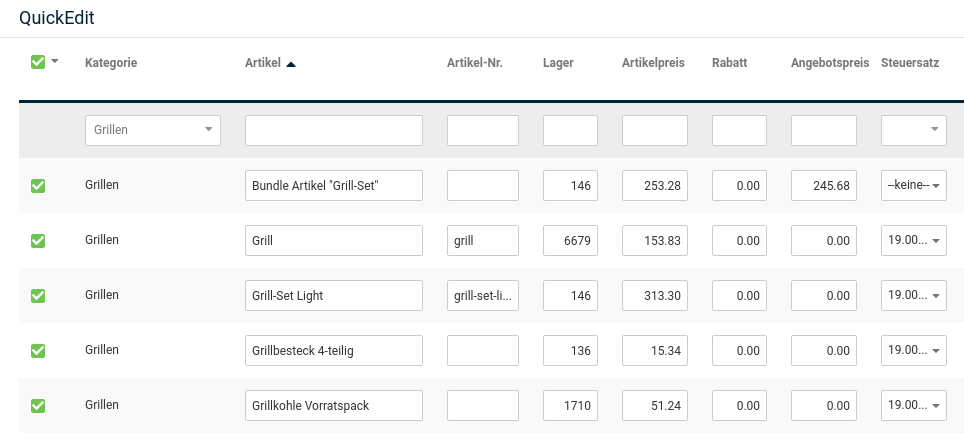 Gambio Quickedit mit Eingabefeldern für Artikelpreise
