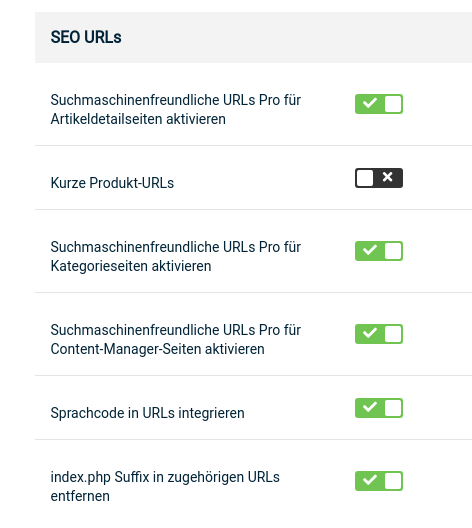 SEO URLs - Suchmaschinenfreundliche URLs Pro für Artikeldetailseiten aktivieren: ja